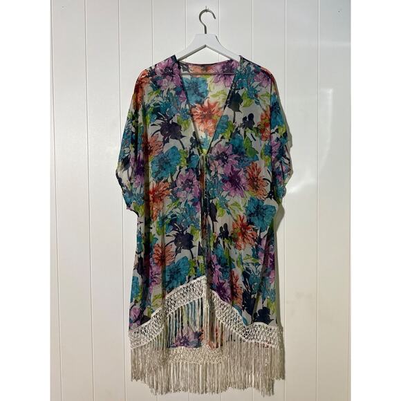 Floral Kimono Cover-Up With Fringe Hem & Tie Closure Multiple Colors M/L - Picture 3 of 5